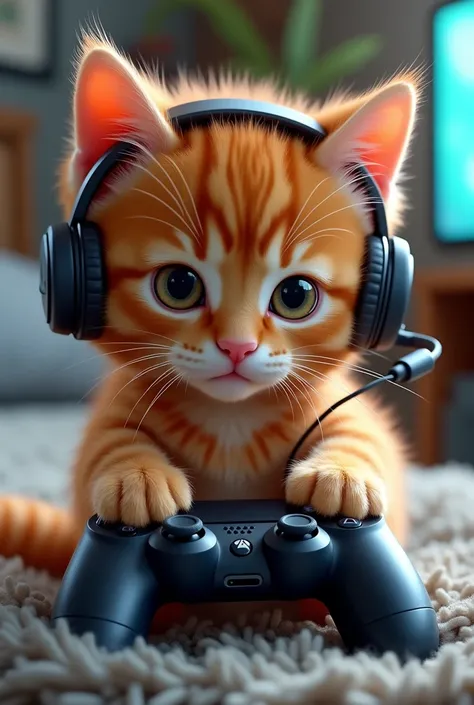 I want you to create me an orange kitten with gaming headphones playing with a PS4 controller