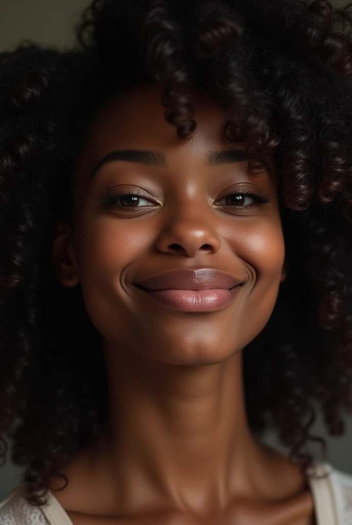 (photorealism:1.2)

She has black beautiful hair, her african american skin is flawless. Her eyes are a metallic shade. shes smiling cheekily in the image. the lighting is soft and the theme is calm vibe. 