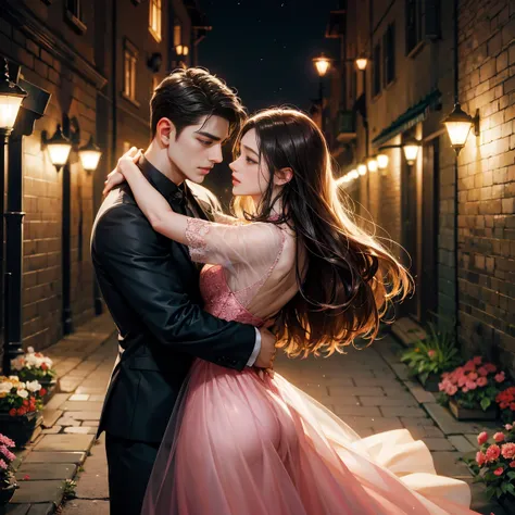 Night Flower Garden,A woman wearing a pink dress，Long, straight, dark brown hair. ,Couple hugging from behind，Short black hair for，handsome，A young woman with long, wavy black hair，black dress,footpath ,The lights are dim.,Half body 4k,35 year old man ,Str...