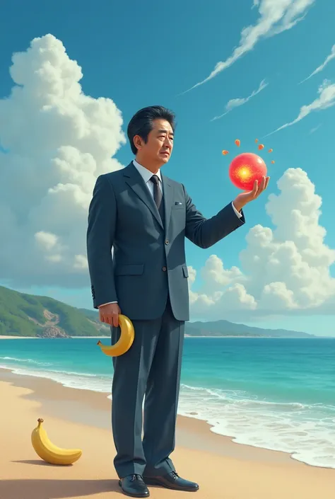 On the beach, holding a banana in your right hand、Shinzo Abe holding a monster ball in his left hand