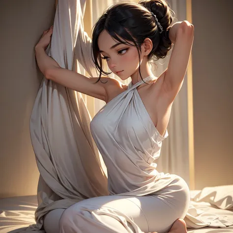 Pose: Woman standing or sitting with both arms gracefully stretched overhead, fingers slightly splayed or interlaced. Her body should be slightly arched, emphasizing the length and elegance of the stretch.
Expression: Serene and peaceful, with a soft, cont...