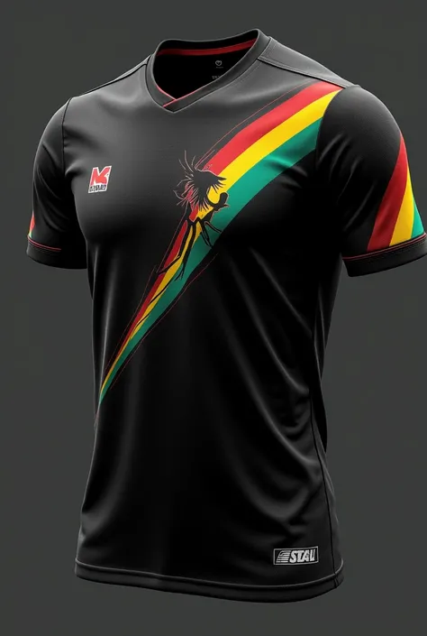 Create an all-black team shirt with the Maranhão state flag on the chest of the shirt at the top, the wise-of-the-beach bird on the bottom side of the blouse, and reggae flag details on the sleeve of the blouse (Unripe, red and teal and yellow)
