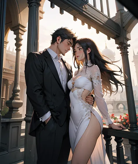 A romantically disheveled young couple perched on a platform, the woman adorned in revealing attire that accentuates her bare, curvaceous hips. The man gazes longingly towards a majestic palace looming in the distance as the sun sets, creating a warm eveni...