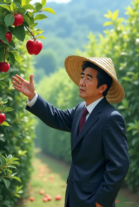 The right arm is stretched out、Grabbing an apple from afar、Shinzo Abe wearing a straw hat