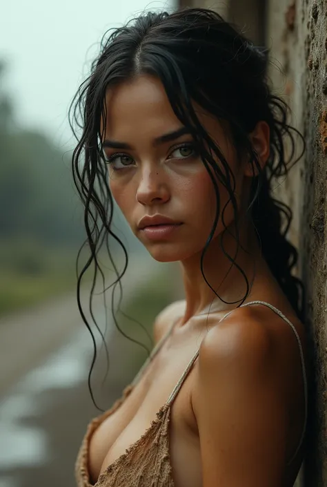 Hyper-realistic close-up photo of Bruna Marquezine naked 20 years old masterpiece best quality realistic photo 1.4 full body she is wet in thin clothing showing breasts portray a rural landscape rustic style of conceptual art this work should observe a fee...