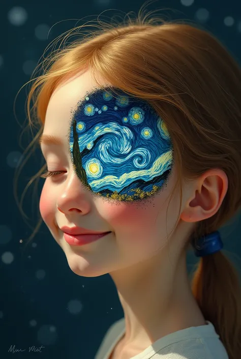 Illustrate van Gogh&#39;s Starry Night within an eye on a smiling girl&#39;s face