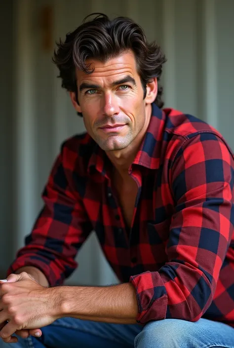 Young Pierce Brosnan in red flannel shirt and long blue jeans.