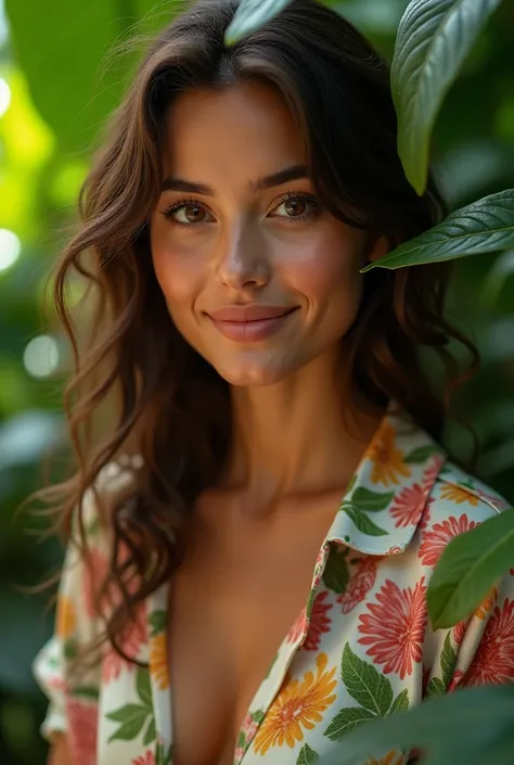 A Brazilian woman in a lush tropical garden, wearing an open shirt with a floral print, with a close-up capturing the harmonious beauty between her breasts and the natural flowers, showing off your natural charm and outgoing personality.