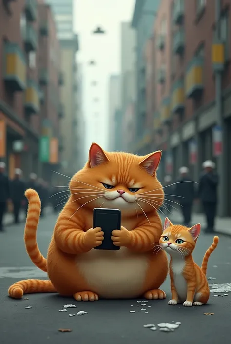 Fat orange cat crying on the street with his cell phone , Next to him a cat with a cell phone despising him
