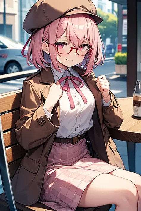 One Woman, Pink Hair,short hair,Bangs between the eyes,Red eyes,Small breasts,Detective costume,(light brown coat),(Light brown skirt),(Light brown checkered detective hat),(White shirt),(A small pink ribbon on the chest),Brown pouch on waist,Outdoor,Cafe,...