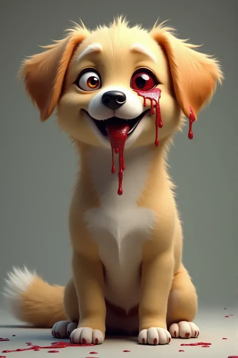 A dog standing happily while blood flowing from his one eye