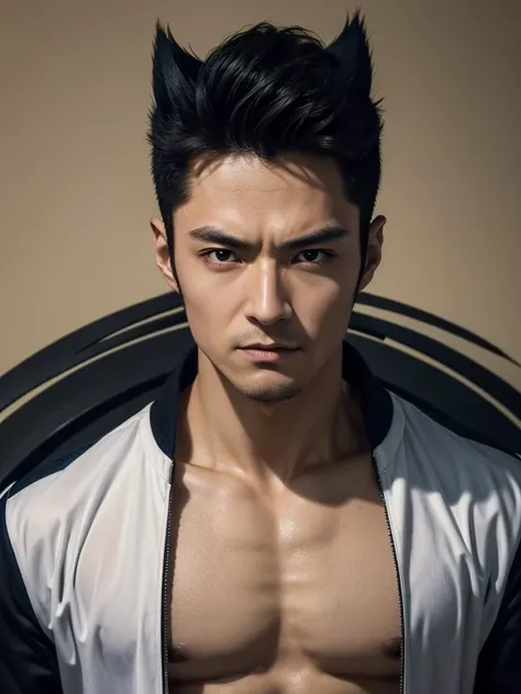 ((Best quality)) , ((Masterpiece)) , (Detailed) ,( wolverine ) , 1 Handsome chinese slim guy, 20 years old, Hair combed smoothly, perfect body shape, big , black hair, beautiful face, focous on face details, wearing wolverine uniform, logo of hydra in the ...