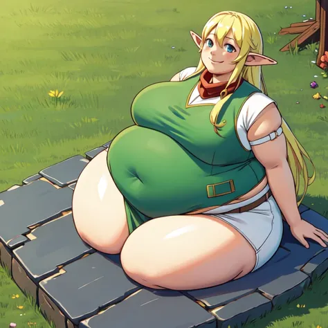 gate_tlm, 1elf girl, solo, smile, sitting, stone, grass, seductive, big fat body, SSBBW, Clothes adapted to your big and fat body 