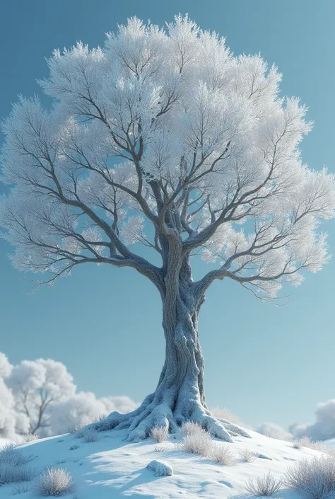 A snow covered tree with star shaped leaves 