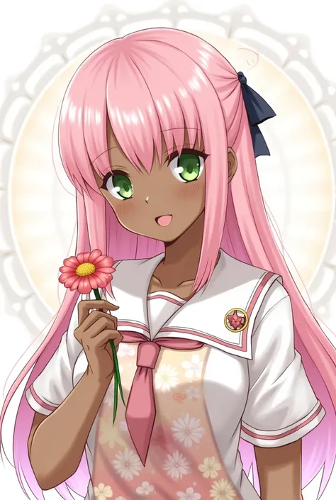 ((Artwork, high quality)), (girl), (black skin), (pink hair), (green eyes), (wearing a floral-themed uniform), (holding a flower).

