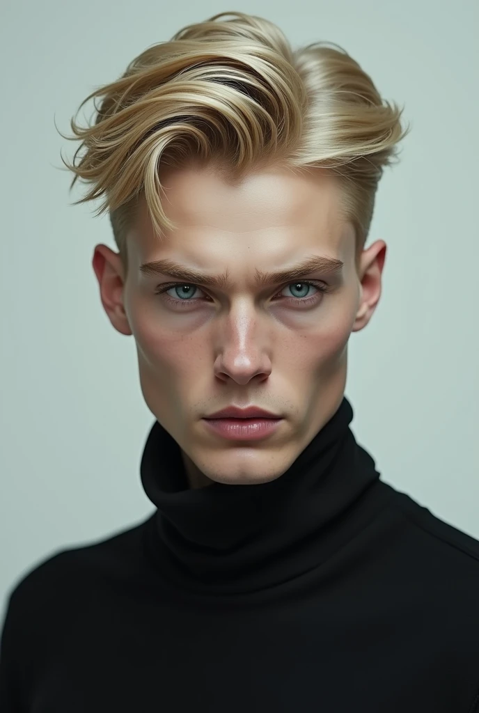 blonde men with blue eyes, white skin, upturned nose and cold look