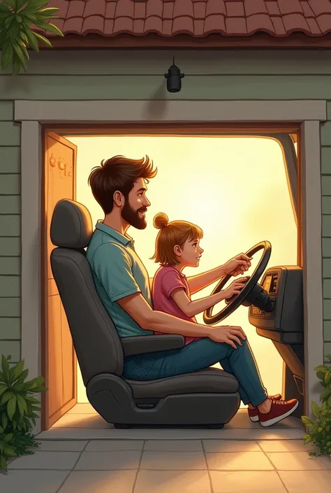 Drawing of a father driving with his toddler daughter on his lap, entering the garage of his house