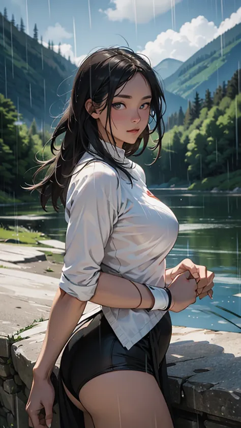 A young woman with voluptuous hips, clad in form-fitting attire, navigates a mountain terrain. As rain falls around her, she searches for water near a vintage car, the scene captured in a vivid and detailed painting. Her figure is striking against the back...