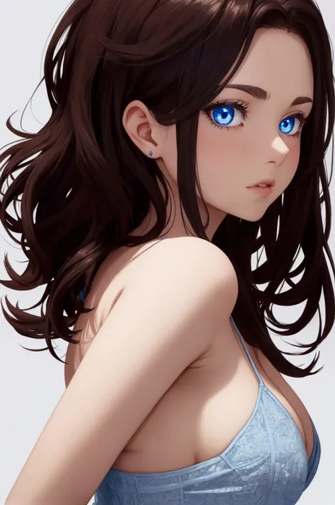 animated: blue eyes, dark brown- medium length hair, young woman, slightly curvy, small breasts, melancholischer & Natural background