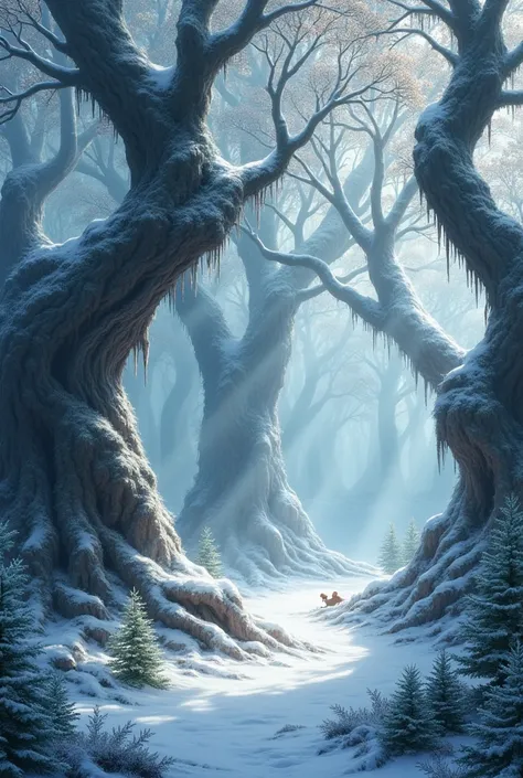 A snowy forest with hairy trees