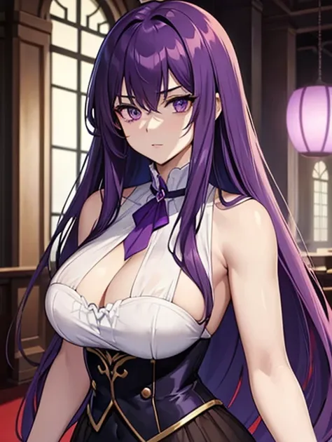 A beautiful woman with long violet hair and beautiful violet eyes, A pale and flawless skin, strong expression, she is wearing a dark purple low-cut blouse. Hall in the background. anime styling.