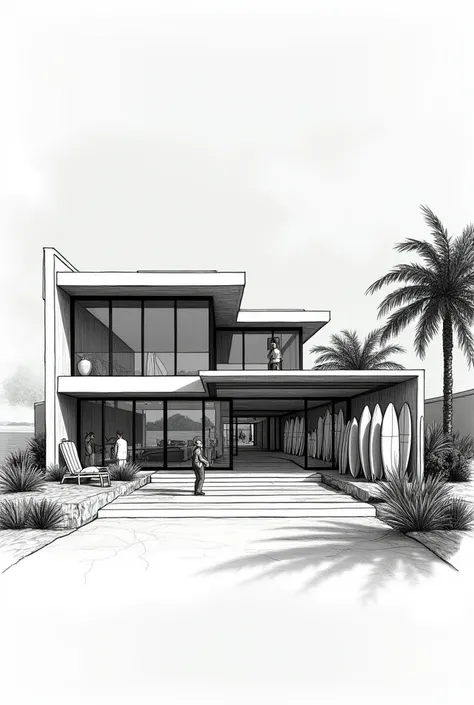 a two-story, million-dollar looking surf training building with surfboards outside sketch