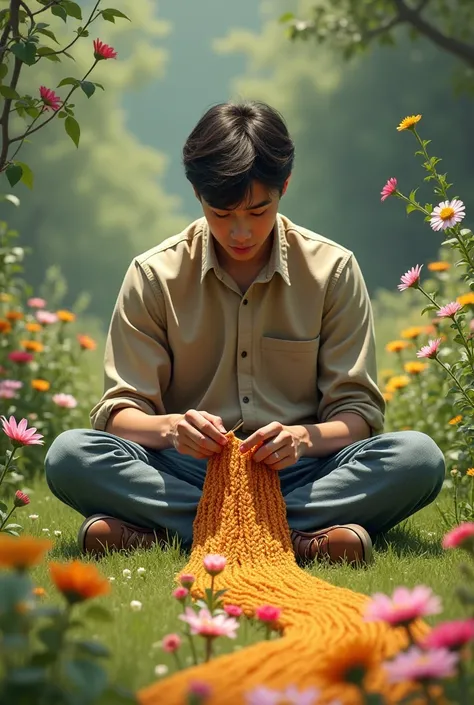 A young man sitting on the ground with knitting needles and thread in his hands weaving a part of the flowery road he will walk along .