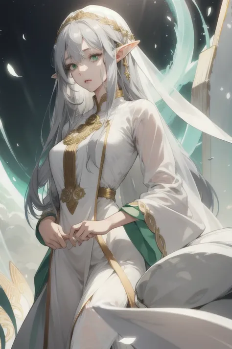 whole body、Gray Hair,One girl, High resolution, Long Hair, Elf、Green Eyes、Hime cut, Gaze, Character portrait, Wide-angle shot, Goddess-style white outfit、Gold Accessories、Droopy eyes、A white veil hiding the eyes