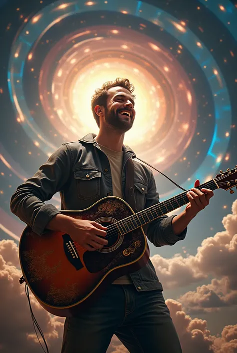 Stunning image of a happy man playing guitar inspired by a space different from reality ( in a space where you can be taken by impressive music that impresses everyone )