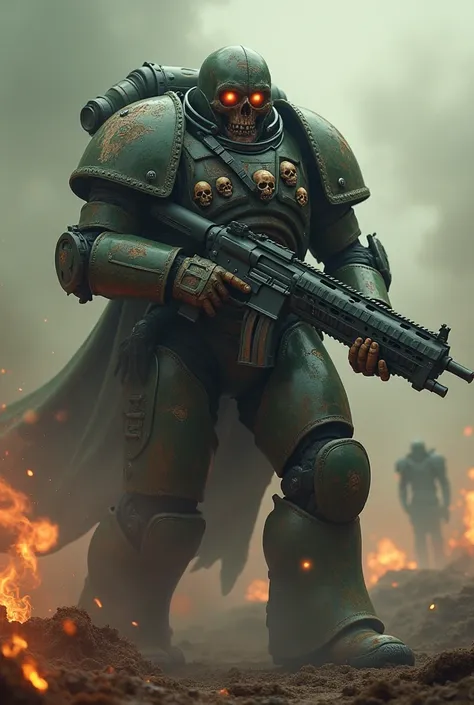 1man, titan, plaguemarine wearing putrid armor, toxic gas clouds, wearing helmet, skulls on armor, mutated face, glowing eyes, standing proud, holding a big futuristic gun, firing, shooting, dynamic action poses, epic toxic war battlefield, Photorealistic,...