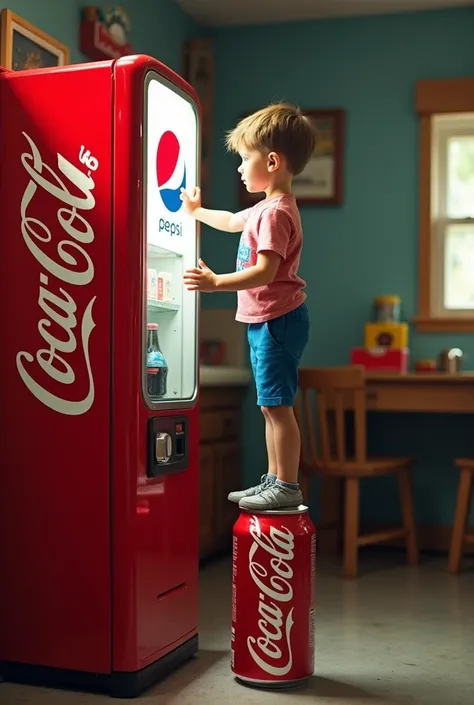 Now he creates the same boy but standing on top of the Coca Cola can to reach and touch the Pepsi button on the soda machine.
