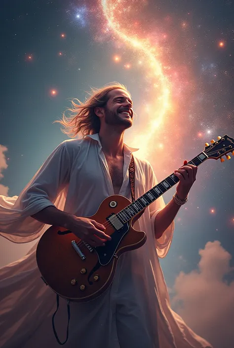 Stunning image of a happy man playing guitar inspired by a space different from reality ( in a space where the impressive music that impresses everyone in a super concert takes you )