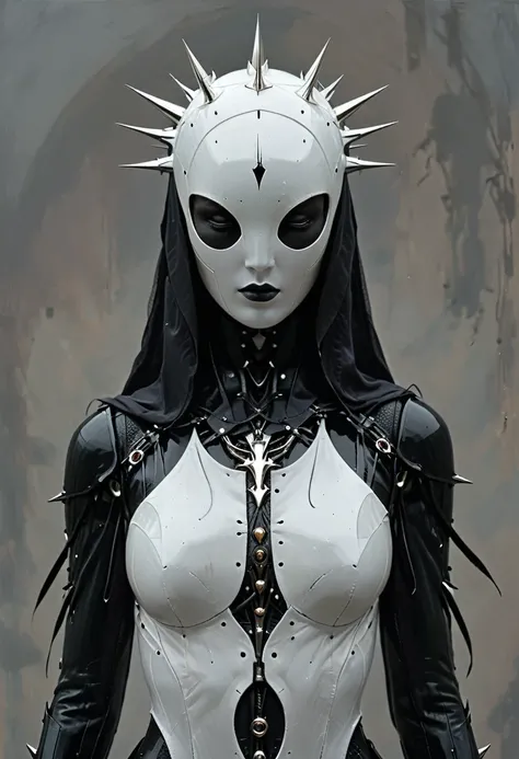 front view of a dark priestess holy cyborg necromancer girl wearing a white veil with a tiara and spiky crown on her head, symmetrical composition, oil painting style artstation concept character design in the style of James Gurney and Greg Rutkowski and R...