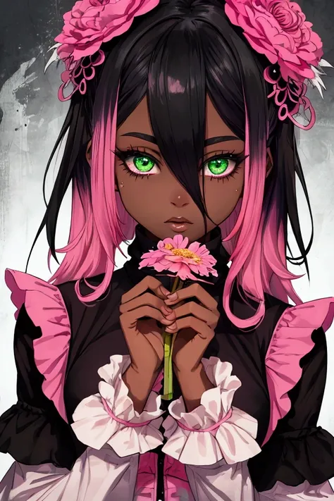 ((Artwork, high quality)), (girl), (black skin), (pink hair), (green eyes), (wearing emo clothing), (holding a flower).
