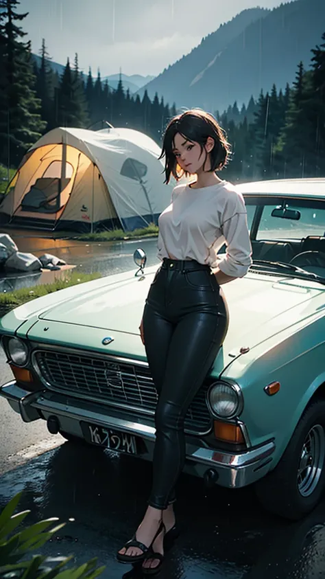 A young couple is camping on the mountain. The woman is wearing tight clothes. Her hips are big. She is passing by a vintage car. She is looking for water. It is raining. She is staying at night.