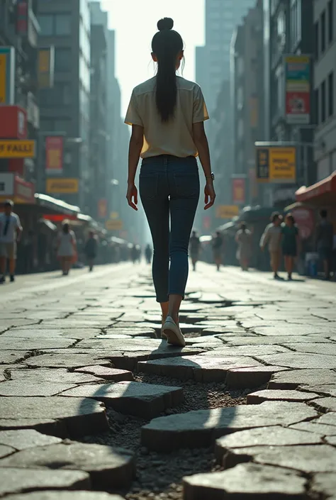 A big girl witnesses the appearance of cracks on the ground of a street 