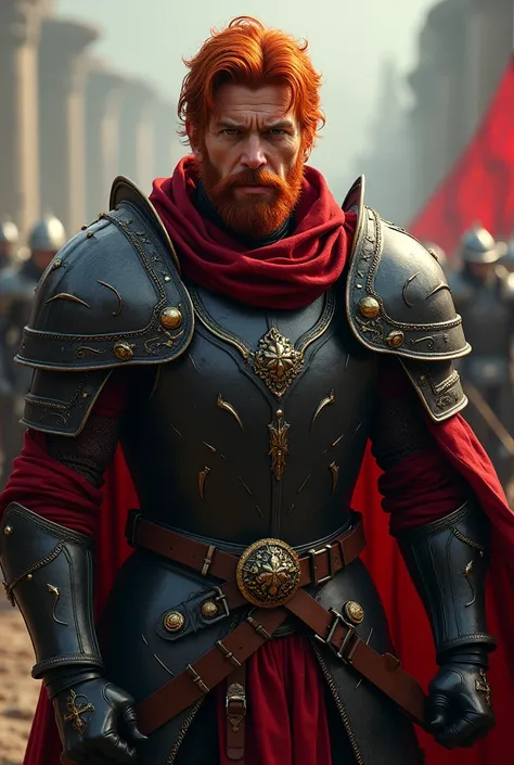 ((best qualityer)), ((work of art)), (detailded), 1 red haired man wearing red and black medieval warrior 