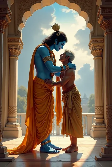 Create an image of the meeting between Krishna and his old friend Sudama, showing Krishna receiving Sudama with great warmth and hospitality