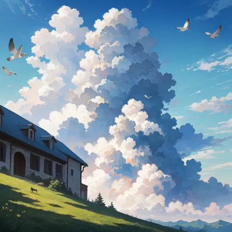 Thick and big clouds, house on top of a mountain, blue sky, birds, bright sun, very many giant clouds, sky blue color, artistic painting, high resolution, great realism, very beautiful picture, unusual picture, rare picture