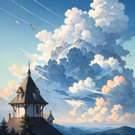 Thick and big clouds, house on top of a mountain, blue sky, birds, bright sun, very many giant clouds, sky blue color, artistic painting, high resolution, great realism, very beautiful picture, unusual picture, rare picture