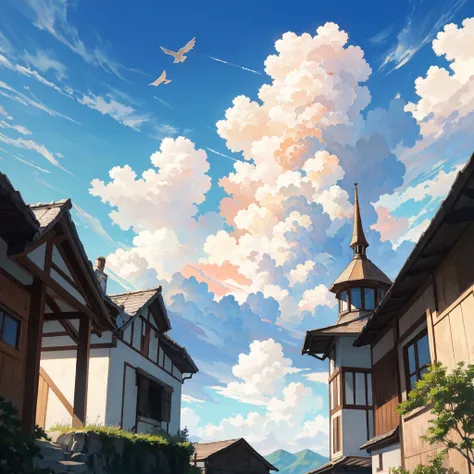 Thick and big clouds, house on top of a mountain, blue sky, birds, bright sun, very many giant clouds, sky blue color, artistic painting, high resolution, great realism, very beautiful picture, unusual picture, rare picture