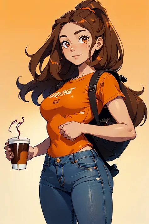 (1 girl, solo), (girl is young, 20yo, (brown long hair), standing, looking at the viewer, carrying a backpack, (holding a cup of coffee ), jeans, (orange shirt), big eyes, slim body, happy expression on the face, (well-detailed face)), sunny day, (ultra de...