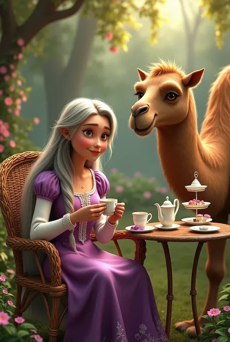 Draw Rapunzel, old lady, having tea in the late afternoon with your pet camel, Por favor
