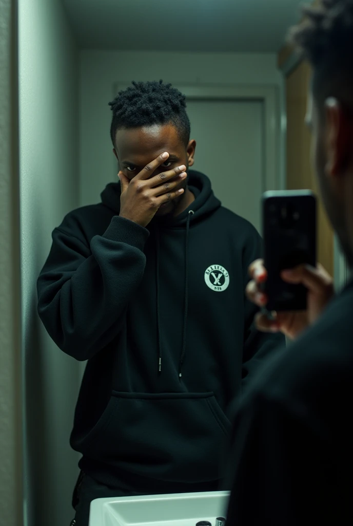 Real human , nigger hood guy using black clothes and showing the middle finger covering his face. In a bathroom taking the picture on the mirror and holding the phone