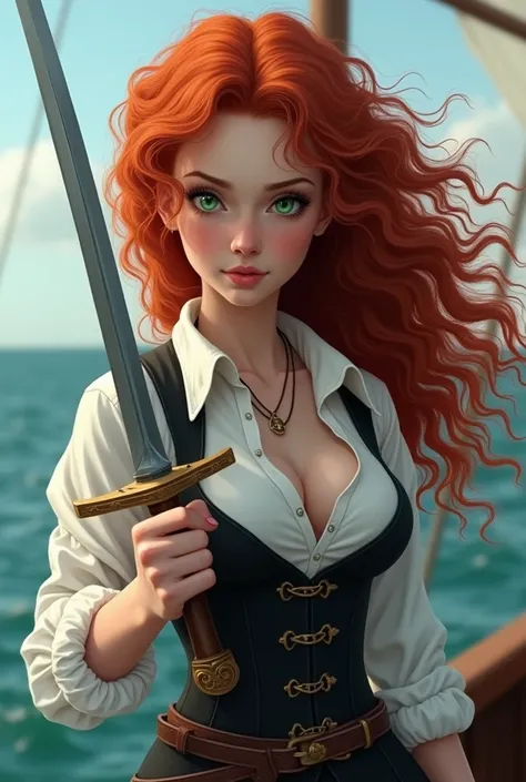 Girl, Red hair, sailor, green eyes, small breasts, 20 years old, lush curly hair, full height, with a sword in her hands, against the background of the sea, the Middle Ages, in a white shirt, black corset, belt at the waist