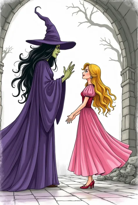 A scene of the witch in the purple dress and black hair who decided she could no longer bear the happiness of the princess in the pink dress and blonde hair. With a powerful spell, she cast a curse on Celeste. every time the princess smiled, something sad ...