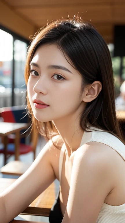 (16K, highres, absurdresmasterpiece, best quality, ultra detailed, exquisite, beautiful), delicate facial features, beautiful japanese idol, late teens, 19year old, woman, in the cafe, coffee cup, looking at viewer, realistic portrait, raw photo, ultra rea...