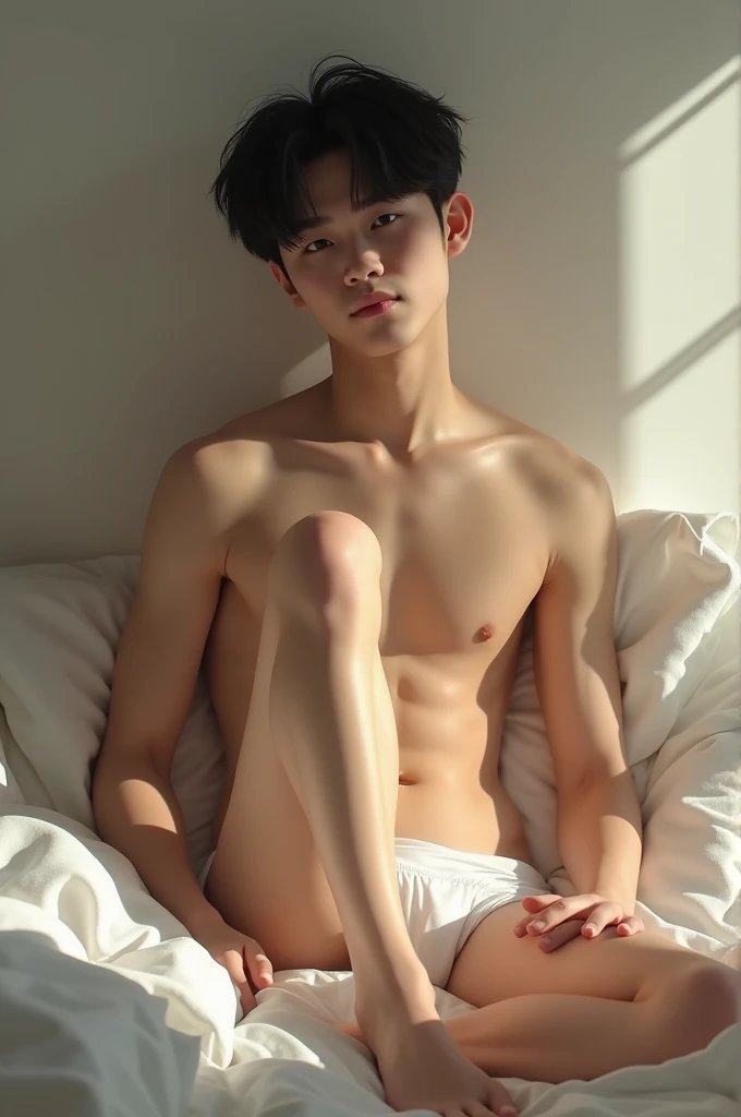 Teen Korean boy in underwear white feet showingg red body 