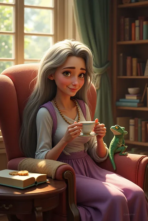 Draw Rapunzel, old lady, having tea in the late afternoon with your pet chameleon, Por favor
