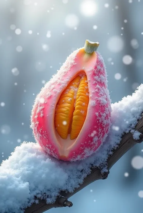 A fruit that is a combination of a papaya and a pitaya on a branch covered in snow